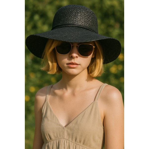 Straw Big Rim Hats - Raffia Straw Woven w/ Beads String Rounded - Black - HT-ST273BK